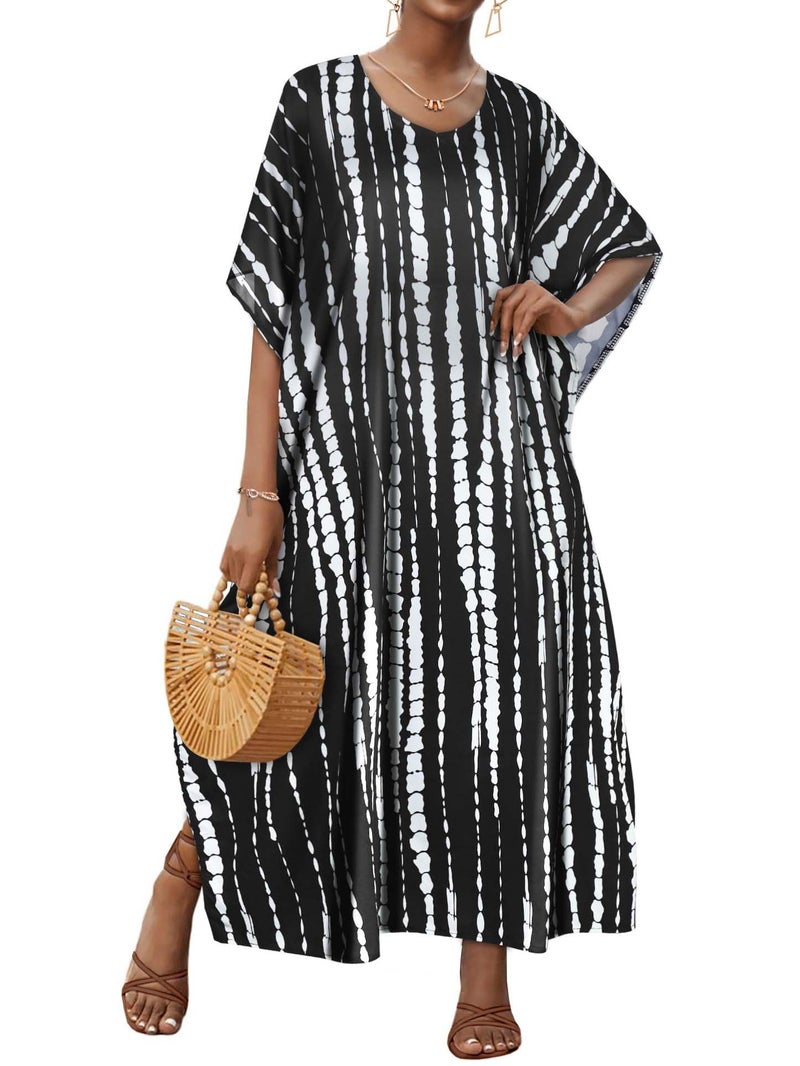 JILUVIN Kaftan Dresses for Women Plus Size V Neck Caftan Long Batwing Sleeve Swimsuit Cover Up Beach Swimwear (Black White Stripe,One Size) - Image 1