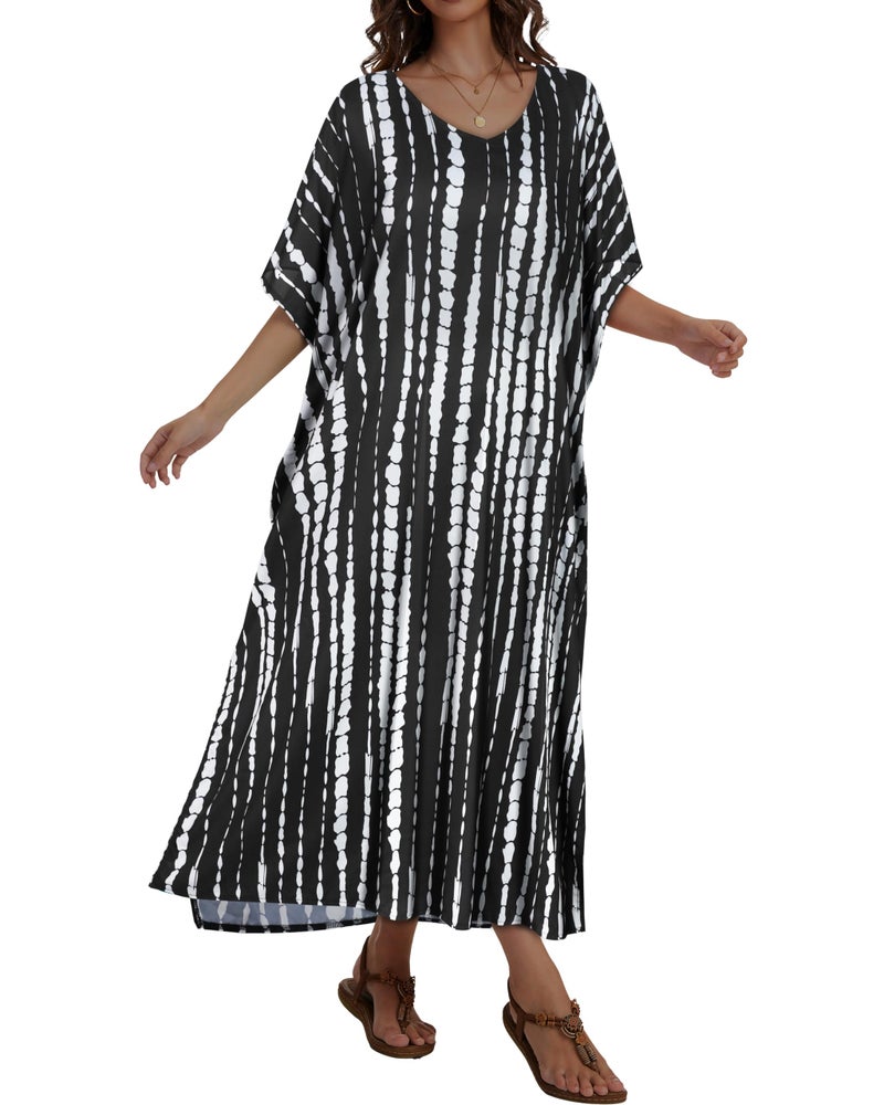 JILUVIN Kaftan Dresses for Women Plus Size V Neck Caftan Long Batwing Sleeve Swimsuit Cover Up Beach Swimwear (Black White Stripe,One Size) - Image 4