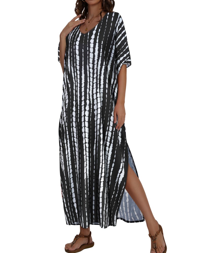 JILUVIN Kaftan Dresses for Women Plus Size V Neck Caftan Long Batwing Sleeve Swimsuit Cover Up Beach Swimwear (Black White Stripe,One Size) - Image 5