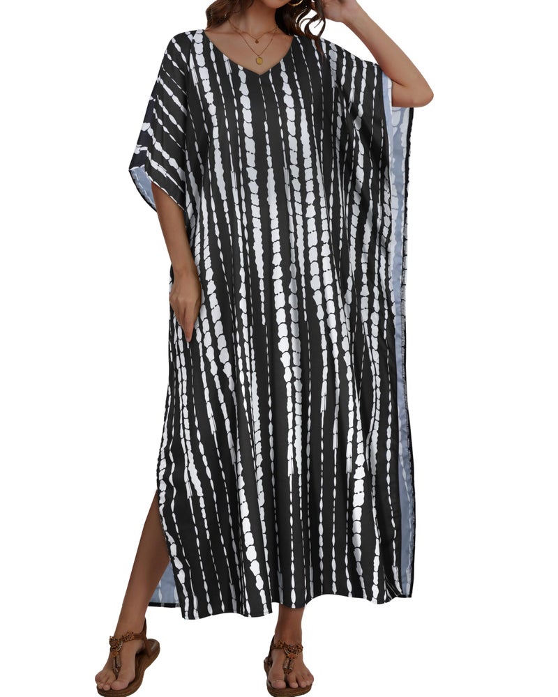 JILUVIN Kaftan Dresses for Women Plus Size V Neck Caftan Long Batwing Sleeve Swimsuit Cover Up Beach Swimwear (Black White Stripe,One Size) - Image 2