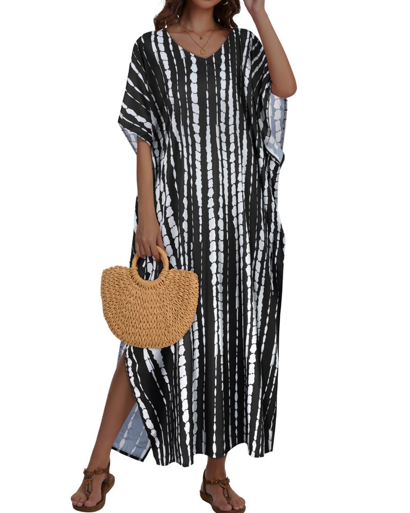 JILUVIN Kaftan Dresses for Women Plus Size V Neck Caftan Long Batwing Sleeve Swimsuit Cover Up Beach Swimwear (Black White Stripe,One Size) - Image 3