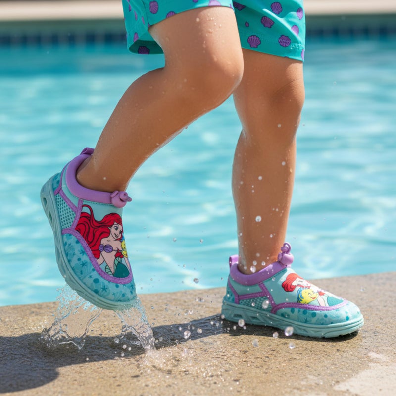 Josmo Little Mermaid Girls Water Shoes Ariel & Flounder Aqua Socks Quick Dry Slip-On Beach Pool Shoes- Turquoise Lavander Size 9-10 Toddler - Image 2