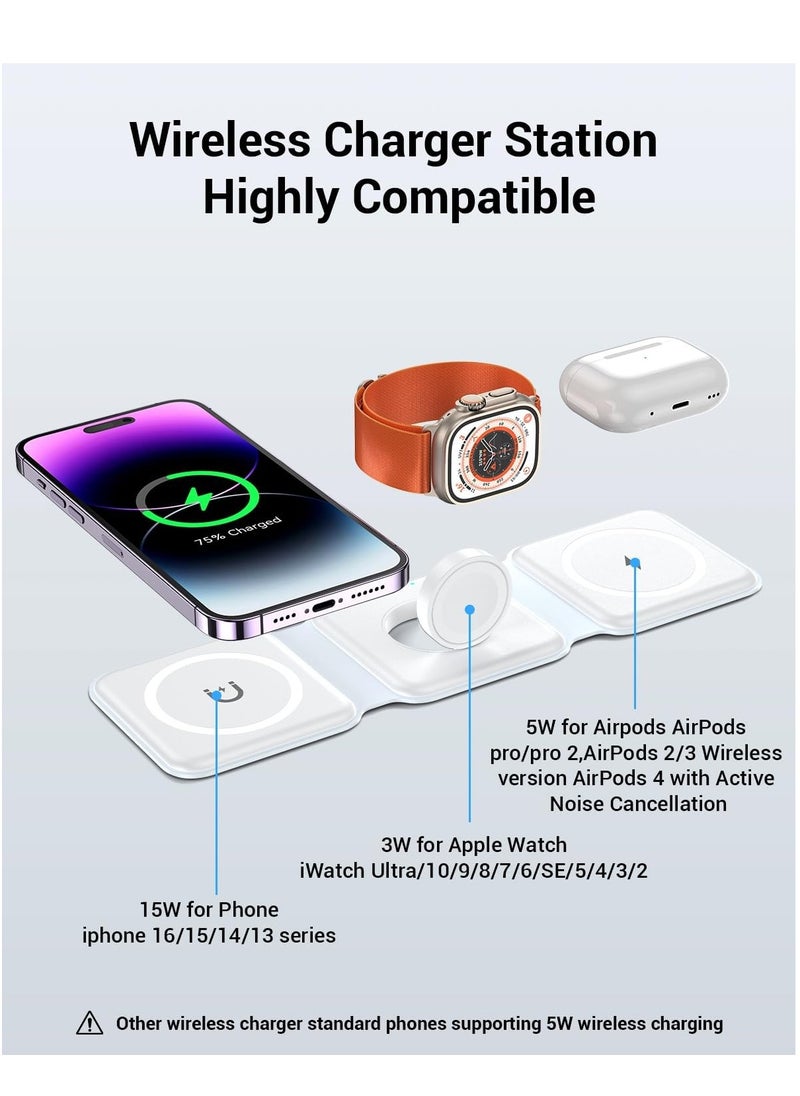 TIGER - Wireless Charger 3-in-1 Magnetic Foldable Charging Station for iPhone 13/12/11 Pro Max/X/Xs Max/8/8 Plus, AirPods 3/2/Pro, iWatch Series 7/6/5/SE/4/3/2, and Samsung Phones (White), USB - Image 1