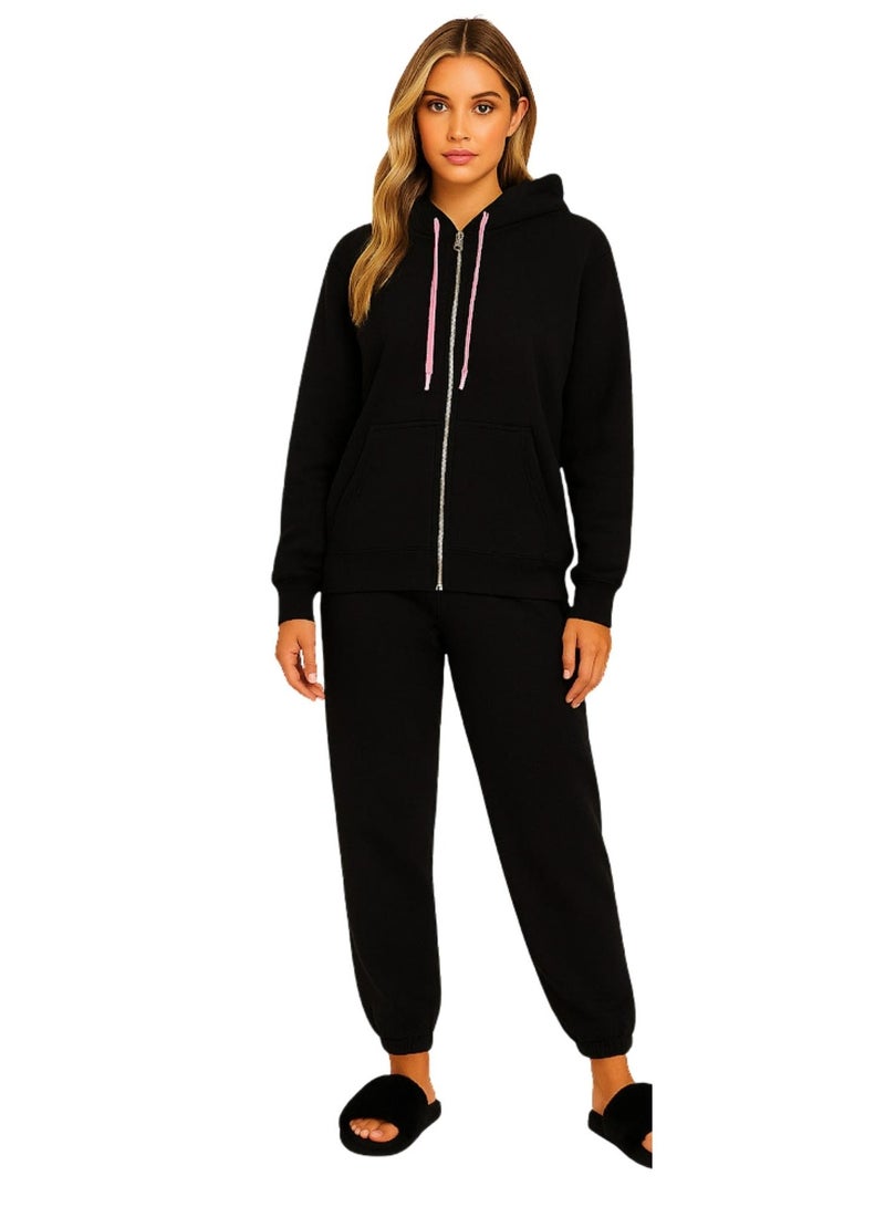 Vanilla VNL Women's Casual Sweatsuit Set, Black Zip-Up Hoodie and Jogger Pants, Comfortable Loungewear with Pink Drawstrings Code 3423 By VNL - Image 1