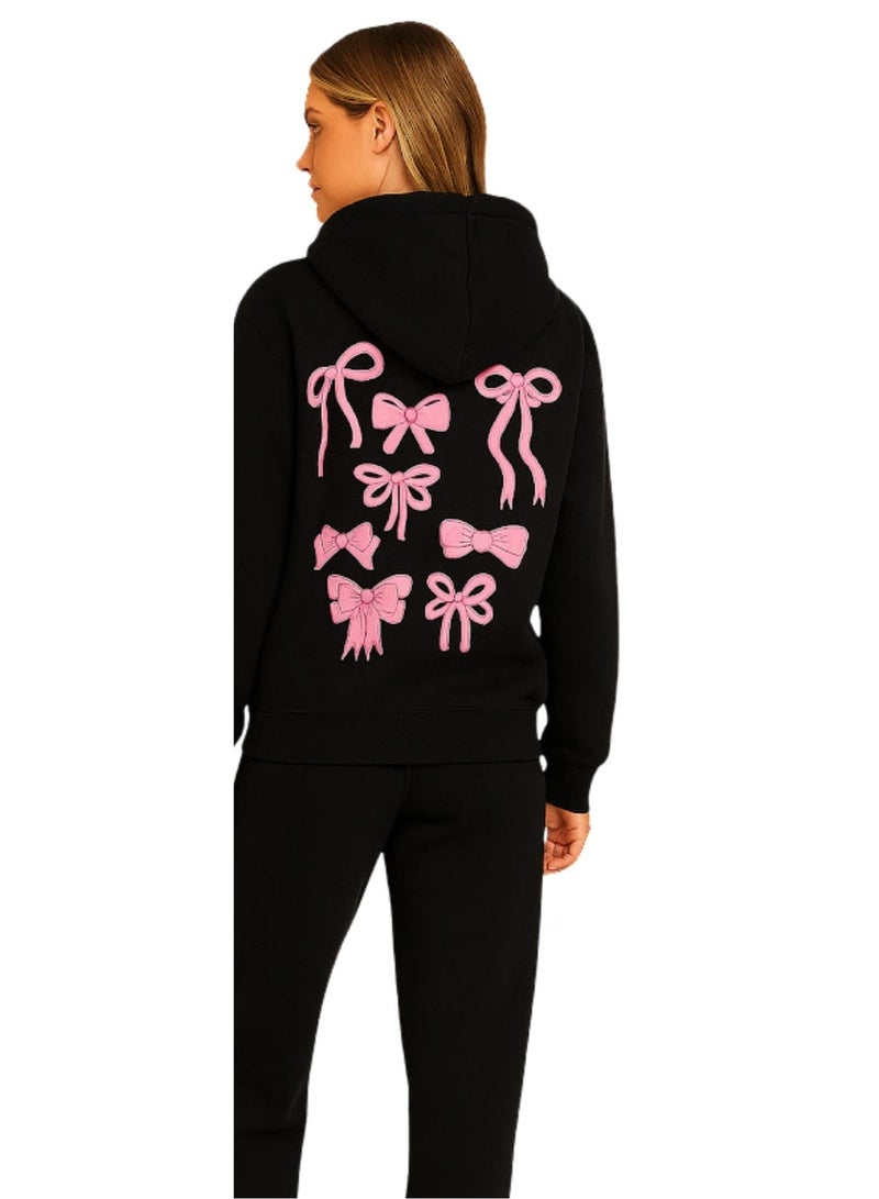 Vanilla VNL Women's Casual Sweatsuit Set, Black Zip-Up Hoodie and Jogger Pants, Comfortable Loungewear with Pink Drawstrings Code 3423 By VNL - Image 3