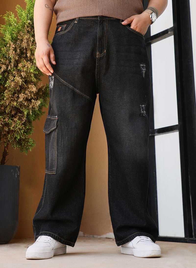 Instafab Plus Men's Charcoal Black Tinted Relaxed-Utility Denim Jeans For Casual Wear | Mid-Rise | Straight Fit | Button Closure | Plus Size Denim Jeans Crafted With Comfort Fit For Everyday Wear - Image 2