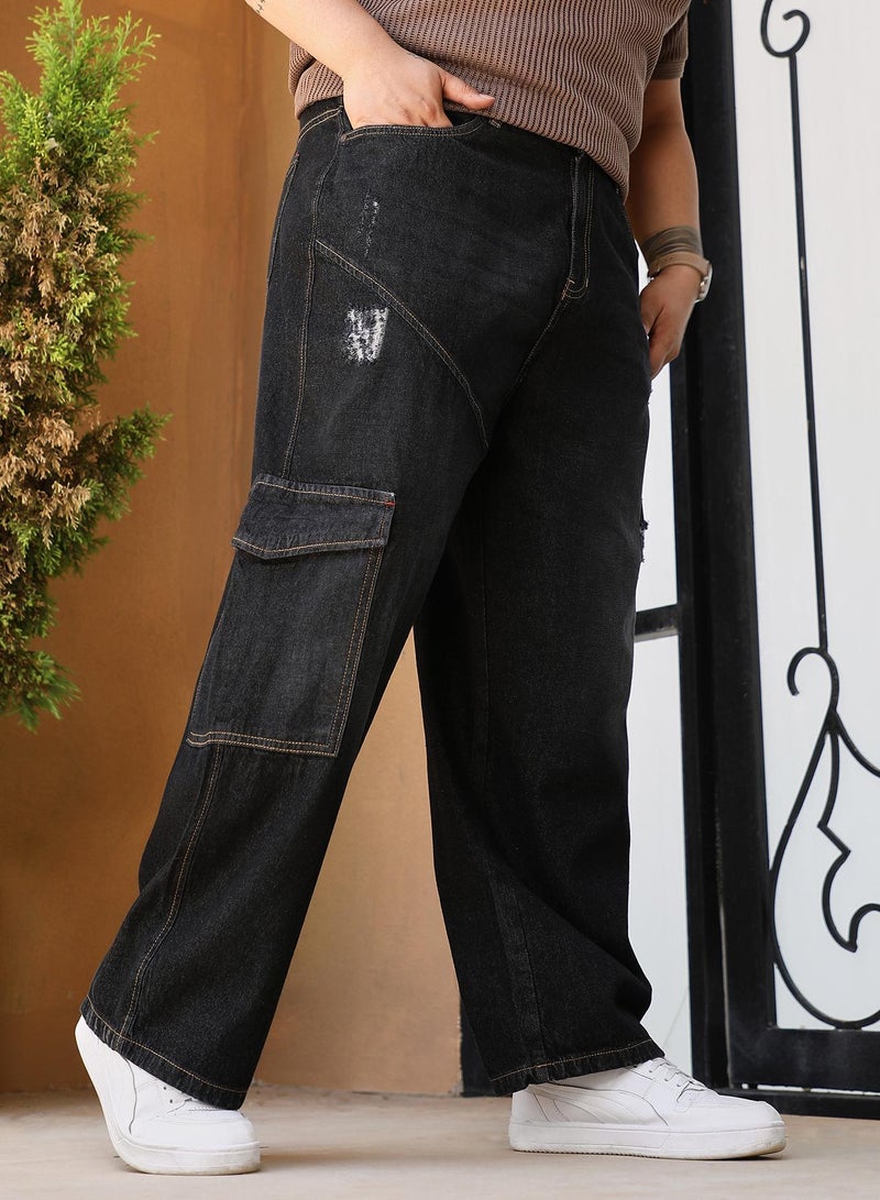 Instafab Plus Men's Charcoal Black Tinted Relaxed-Utility Denim Jeans For Casual Wear | Mid-Rise | Straight Fit | Button Closure | Plus Size Denim Jeans Crafted With Comfort Fit For Everyday Wear - Image 3