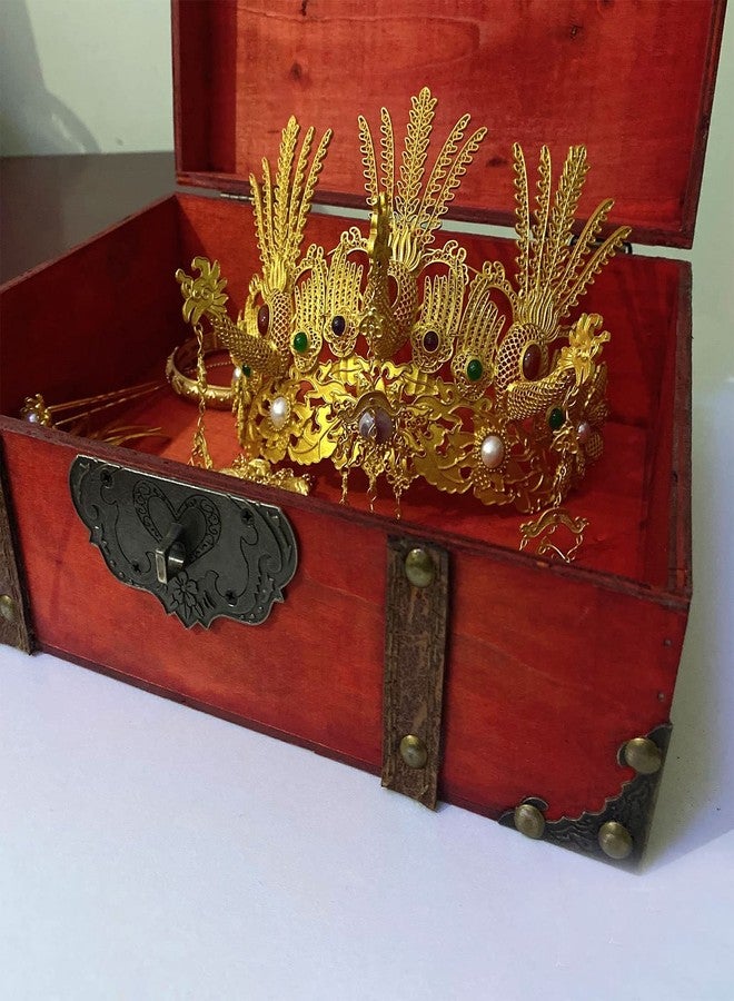 فلاين صندوق تخزين خشبي عتيق من فلايلين مزود بقفل، صندوق مجوهرات مزخرف، صندوق تخزين خشبي مزخرف، منظم تخزين مجوهرات منزلي (أحمر) - Image 2