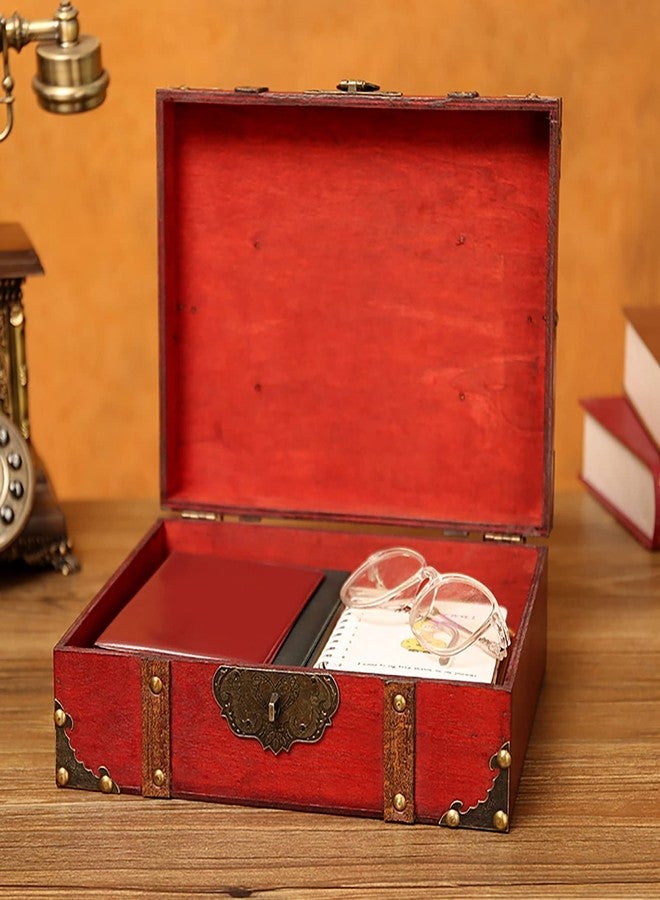 فلاين صندوق تخزين خشبي عتيق من فلايلين مزود بقفل، صندوق مجوهرات مزخرف، صندوق تخزين خشبي مزخرف، منظم تخزين مجوهرات منزلي (أحمر) - Image 5