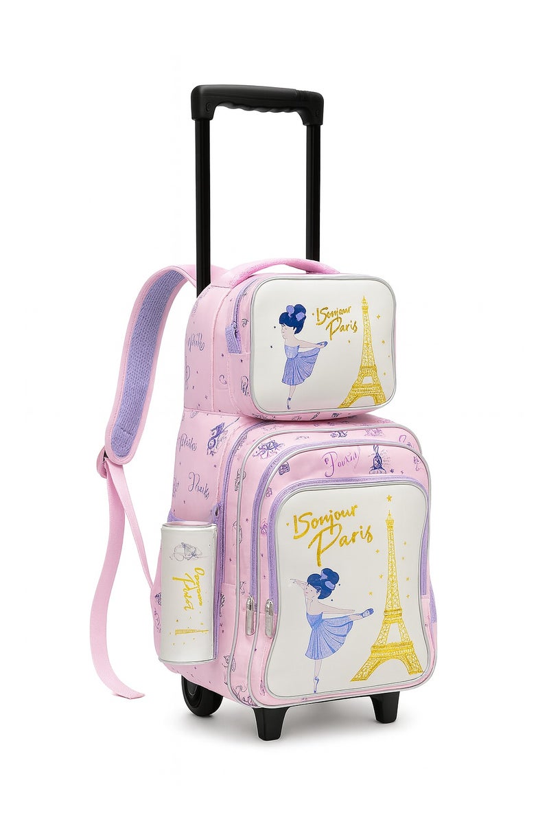 مجموعة شنطة مدرسية بعجلات للبنات مكونة من 3 قطع – شنطة ظهر بعجلات مع حقيبة طعام ومقلمة – خفيفة الوزن، متينة، ومناسبة للأطفال - Image 3