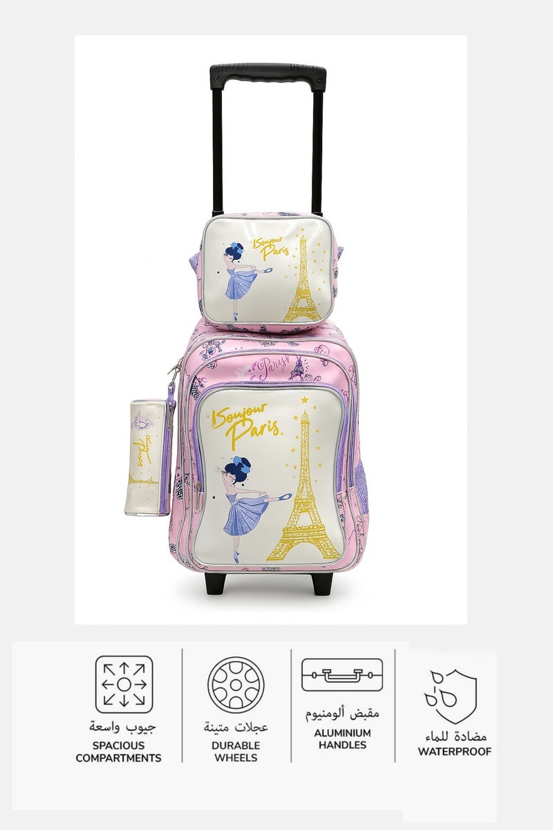 مجموعة شنطة مدرسية بعجلات للبنات مكونة من 3 قطع – شنطة ظهر بعجلات مع حقيبة طعام ومقلمة – خفيفة الوزن، متينة، ومناسبة للأطفال - Image 2