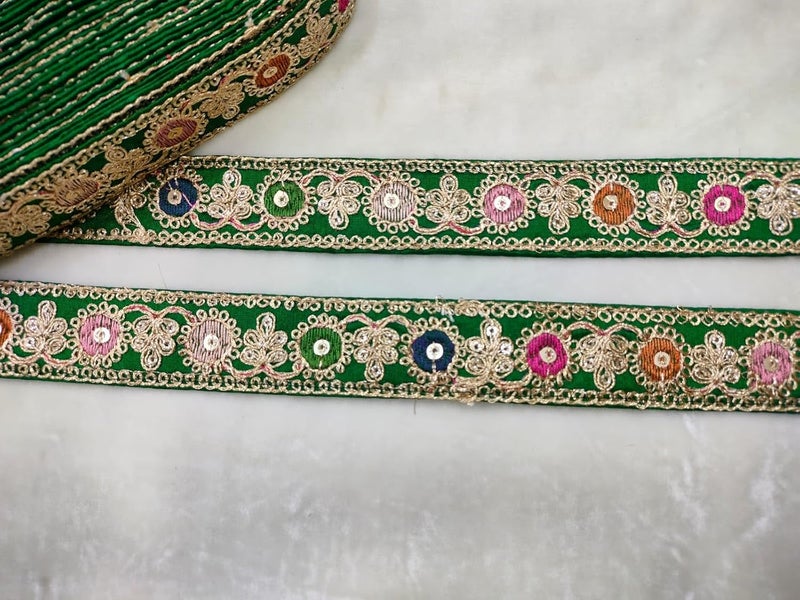CMHOWLITE Multicolor Embroidery Work Fancy Lace for Lehanga Suit Dresses Sarees Blouses Dupatta and Art Craft Roll of 9 Meter Width 1 inch 254 Dark Green