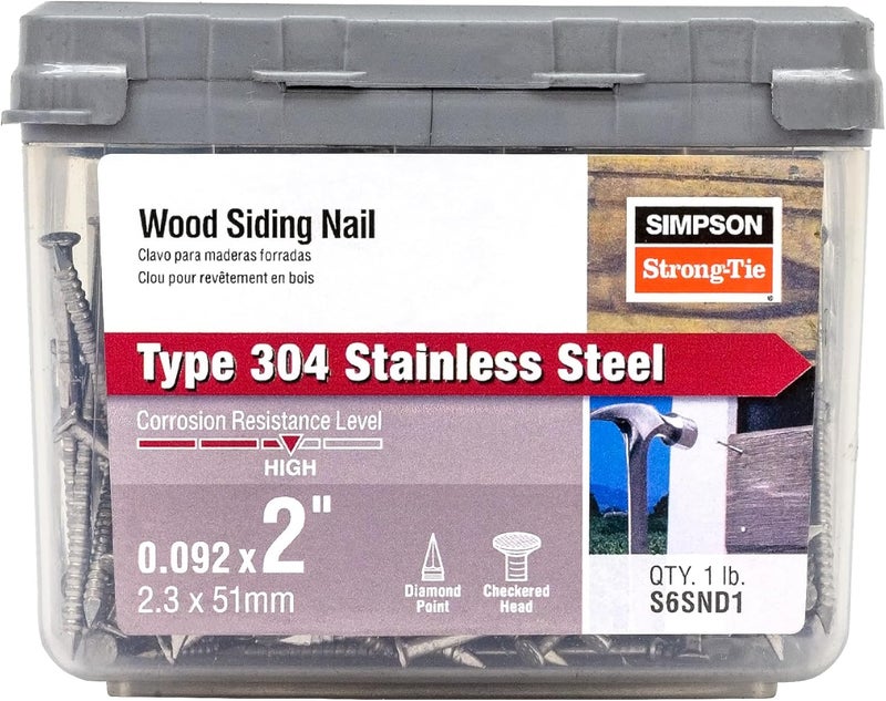 Simpson StrongTie S6SND1 Ring-Shank Wood Siding Nail, 2 Inch x 0.092 Inch, 13 Gauge, Full Round Head, Diamond Point, Type 304 Stainless Steel (Pack of 120) - Image 1