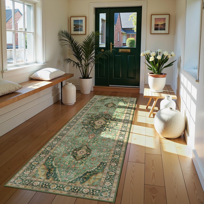 Deerly 3x7 Runner Rugs for Hallway Non-Slip Hallway Runner Rug with Rubber Backing Washable Rug Runner for Kitchen Bedroom Vintage Distressed Carpet (Border Green) - Image 2