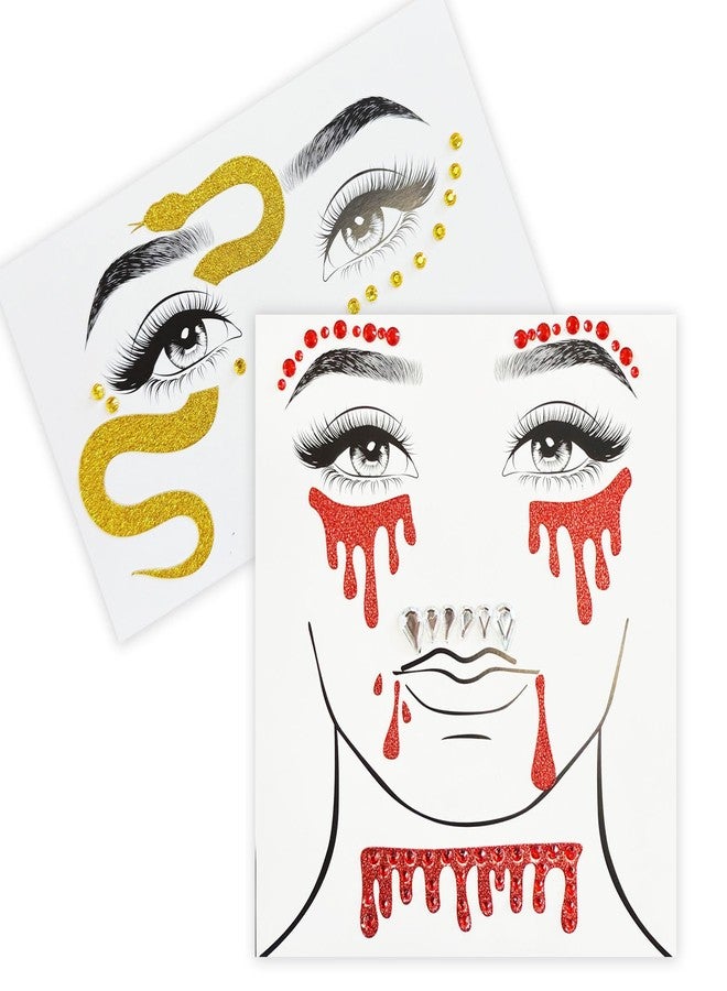 Bloody Halloween Face Gems, Snake Face Jewels, Self Adhesive Red Rhinestone Dripping Blood Stickers for Halloween Party Costume Makeup Accessories