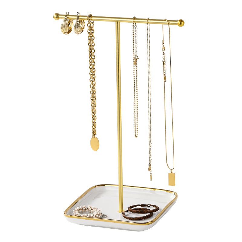 Leijosya modern Tshaped jewelry rack jewelry tower gold metal square ceramic base decoration display tower necklace bracelet ring storage rack 1layer ceramic disc - Image 2
