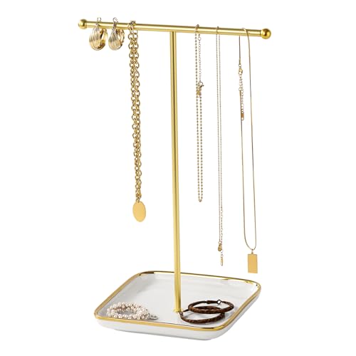 Leijosya modern Tshaped jewelry rack jewelry tower gold metal square ceramic base decoration display tower necklace bracelet ring storage rack 1layer ceramic disc - Image 1