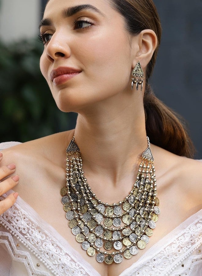 Rubans Oxidised Silver & Gold Dual-Plated Multilayer Coin Statement Necklace Set for Women - for Festive & Ethnic Looks - Image 2