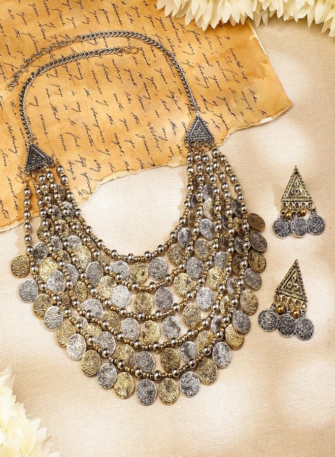 Rubans Oxidised Silver & Gold Dual-Plated Multilayer Coin Statement Necklace Set for Women - for Festive & Ethnic Looks - Image 5