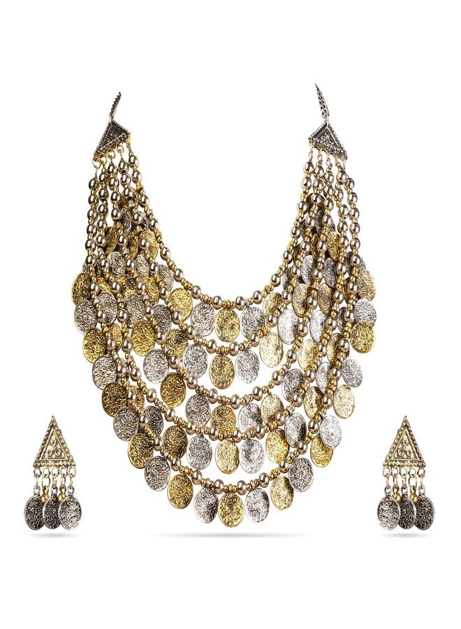 Rubans Oxidised Silver & Gold Dual-Plated Multilayer Coin Statement Necklace Set for Women - for Festive & Ethnic Looks - Image 1