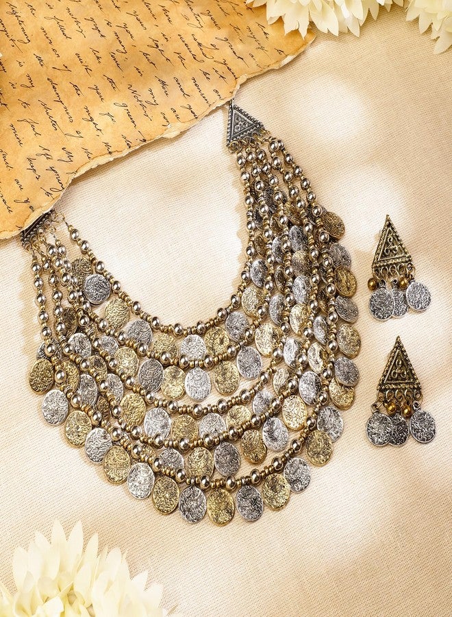 Rubans Oxidised Silver & Gold Dual-Plated Multilayer Coin Statement Necklace Set for Women - for Festive & Ethnic Looks - Image 3