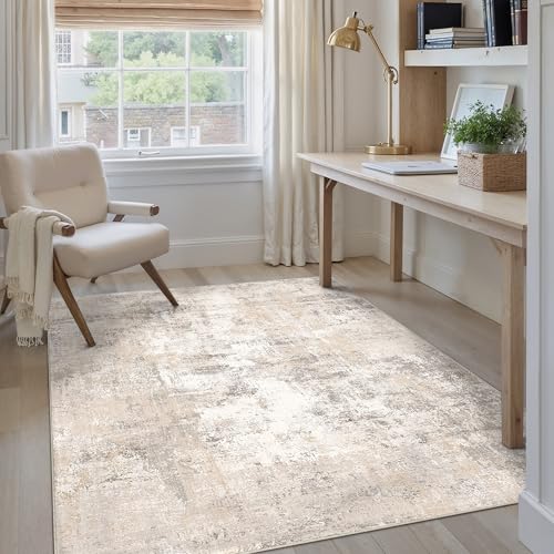 WondRg 4x5 Washable Area Rug Beige Grey Abstract Non Slip Soft Low Pile Rug for Entryway Kitchen Bathroom Neutral Modern Throw Carpet for Living Room Bedroom Home Decor - Image 1