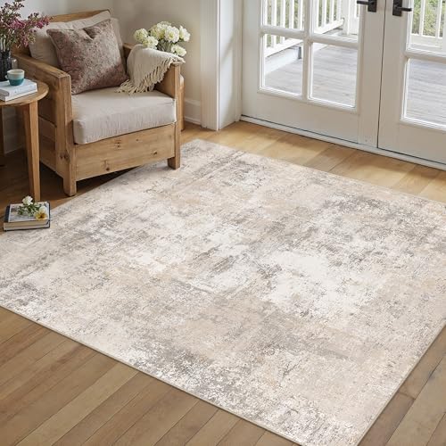 WondRg 4x5 Washable Area Rug Beige Grey Abstract Non Slip Soft Low Pile Rug for Entryway Kitchen Bathroom Neutral Modern Throw Carpet for Living Room Bedroom Home Decor - Image 3