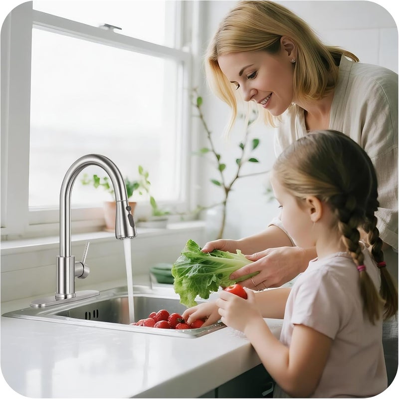 LUFG Kitchen Faucet with Pull Down Sprayer - Brushed Nickel Single Handle Kitchen Faucets, High Arc Stainless Steel Pull Out Kitchen Sink Faucet with Deck for RV Laundry Farmhouse Bar - Image 2