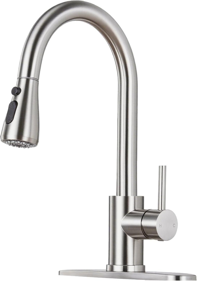 LUFG Kitchen Faucet with Pull Down Sprayer - Brushed Nickel Single Handle Kitchen Faucets, High Arc Stainless Steel Pull Out Kitchen Sink Faucet with Deck for RV Laundry Farmhouse Bar - Image 1