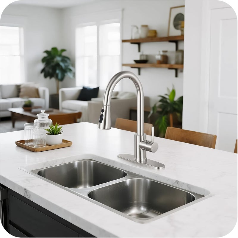 LUFG Kitchen Faucet with Pull Down Sprayer - Brushed Nickel Single Handle Kitchen Faucets, High Arc Stainless Steel Pull Out Kitchen Sink Faucet with Deck for RV Laundry Farmhouse Bar - Image 3