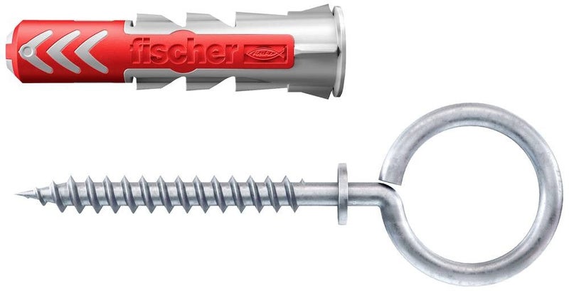 fischer DuoPower 6 x 30 Universal Wall Plug with Eye Hook, two-component nylon plug, matching eye hook, red expansion wings, for concrete brick aerated concrete plasterboard chipboard and hollow block