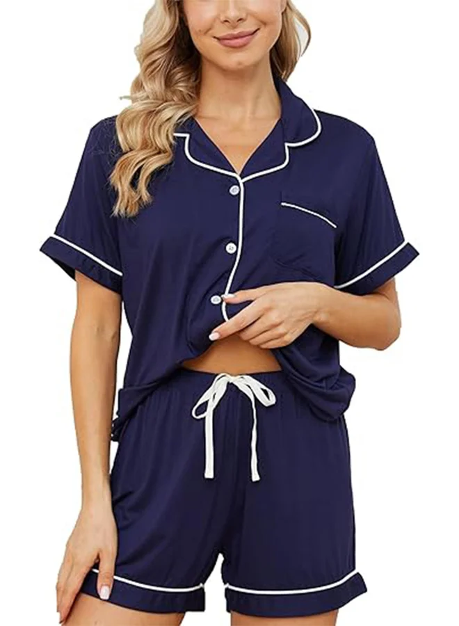 Take Two Blue Solid Piping Detail Shirt and Shorts Set