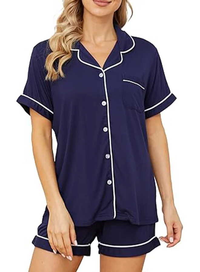 Take Two Blue Solid Piping Detail Shirt and Shorts Set