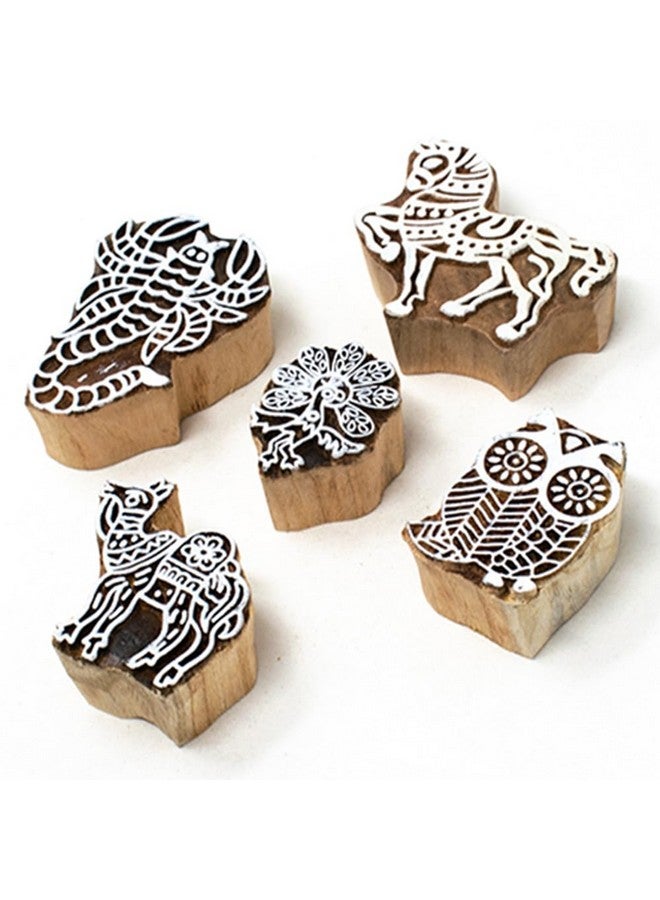 Hashcart | Set of 5 ! Wood Block Stamps - Wooden Blocks for Block Printing Stamp Set, Artistic Shapes Craft Kids Saree Border Fabric Textile Paper Clay Pottery - Image 1