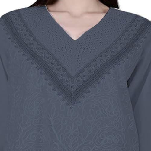 Ukal Hand Embroidered Bige Top/Full Sleeves Cotton Tunic/Summer Short Ethnic Chikan Relaxed Fit Kurti/Boho Short Ethnic Dress for Women (in, Alpha, 2XL, Dark_Grey) - Image 3