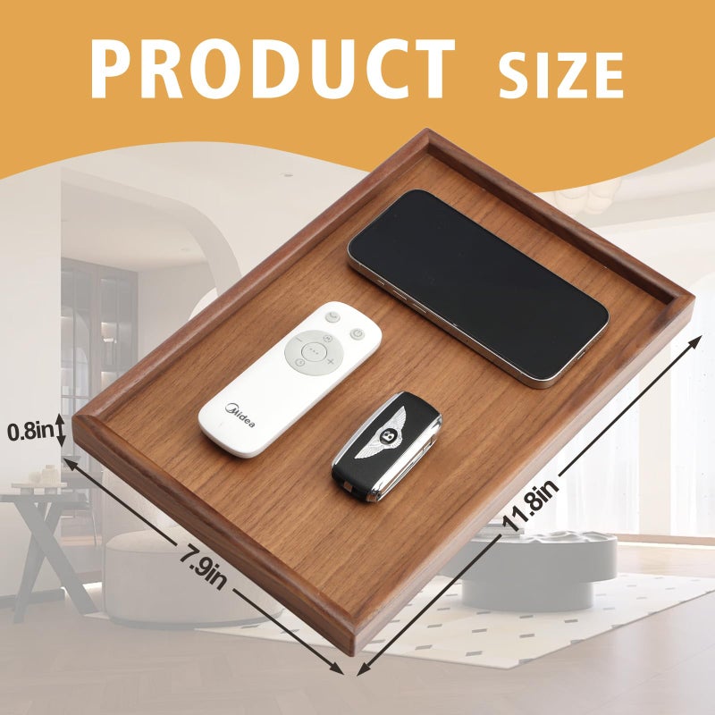 SANZIE Walnut Wooden Tray Desktop Storage Organizer Premium Serving Valet Tray Decorative Tray for Sundries Cosmetics Keys Phone Wallet Cutlery (Walnut Wood) - Image 5