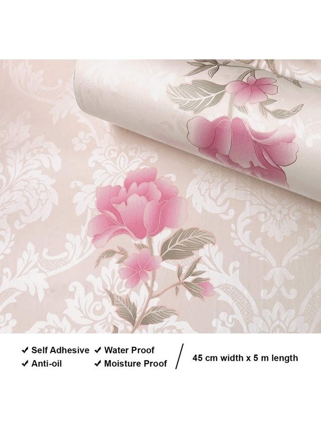 wolpin Wall Stickers Wallpaper for Bedroom Roses (45 x 500 cm) Peony Damask Valentine's Day Decor Love Self Adhesive, Beige