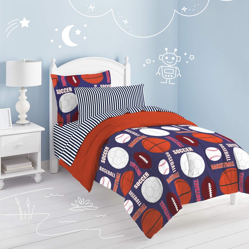 dream FACTORY Kids 7Piece Complete Set EasyWash Super Soft Microfiber Comforter Bedding Full Navy All Sports
