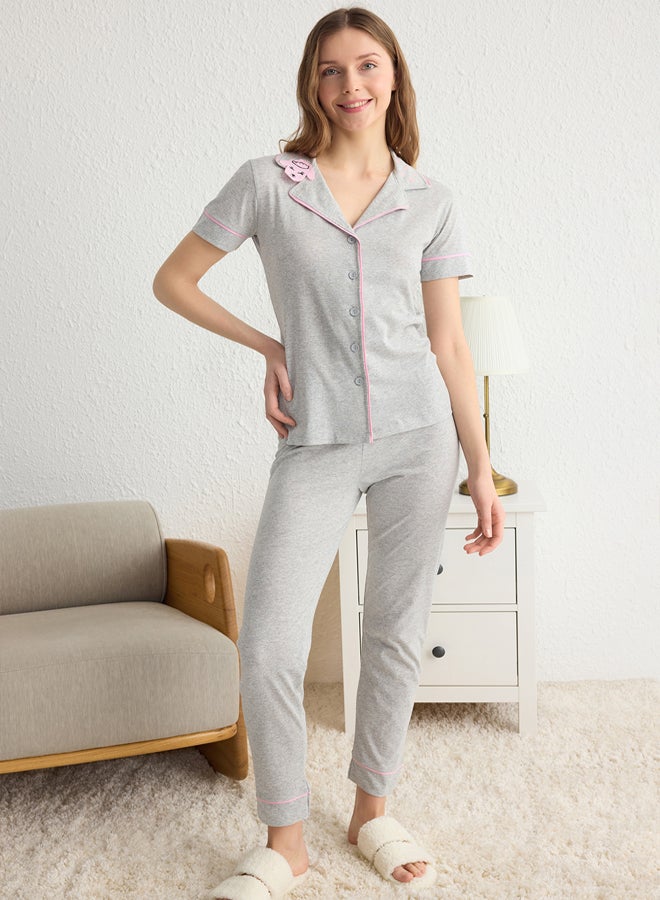 trendyol Gray Cotton Collar Lamb Printed Tight Knitted Pajama Set THMAW22PT0704 - Image 2