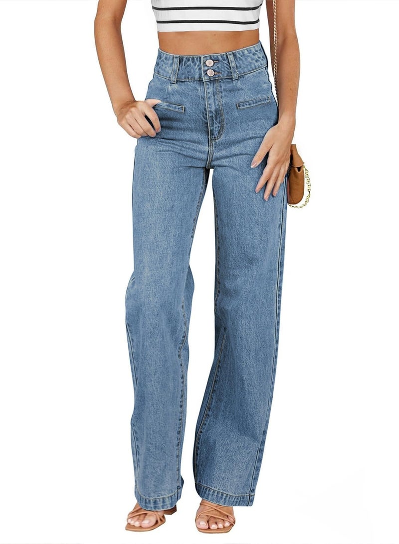 Sidefeel Women's Wide Leg Jeans High Waisted Stretchy Jeans Zimbaplatinum Trendy Loose Straight Leg Denim Pants Blue Size 4 - Image 1