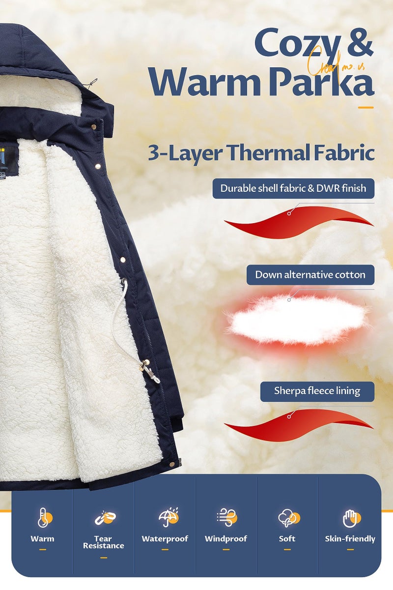 CREATMO US Ladies Casual Winter Coats Hip Mid-Length Teen Puffy Jacket Big Detachable Hood Coat Navy Blue 2XL - Image 3