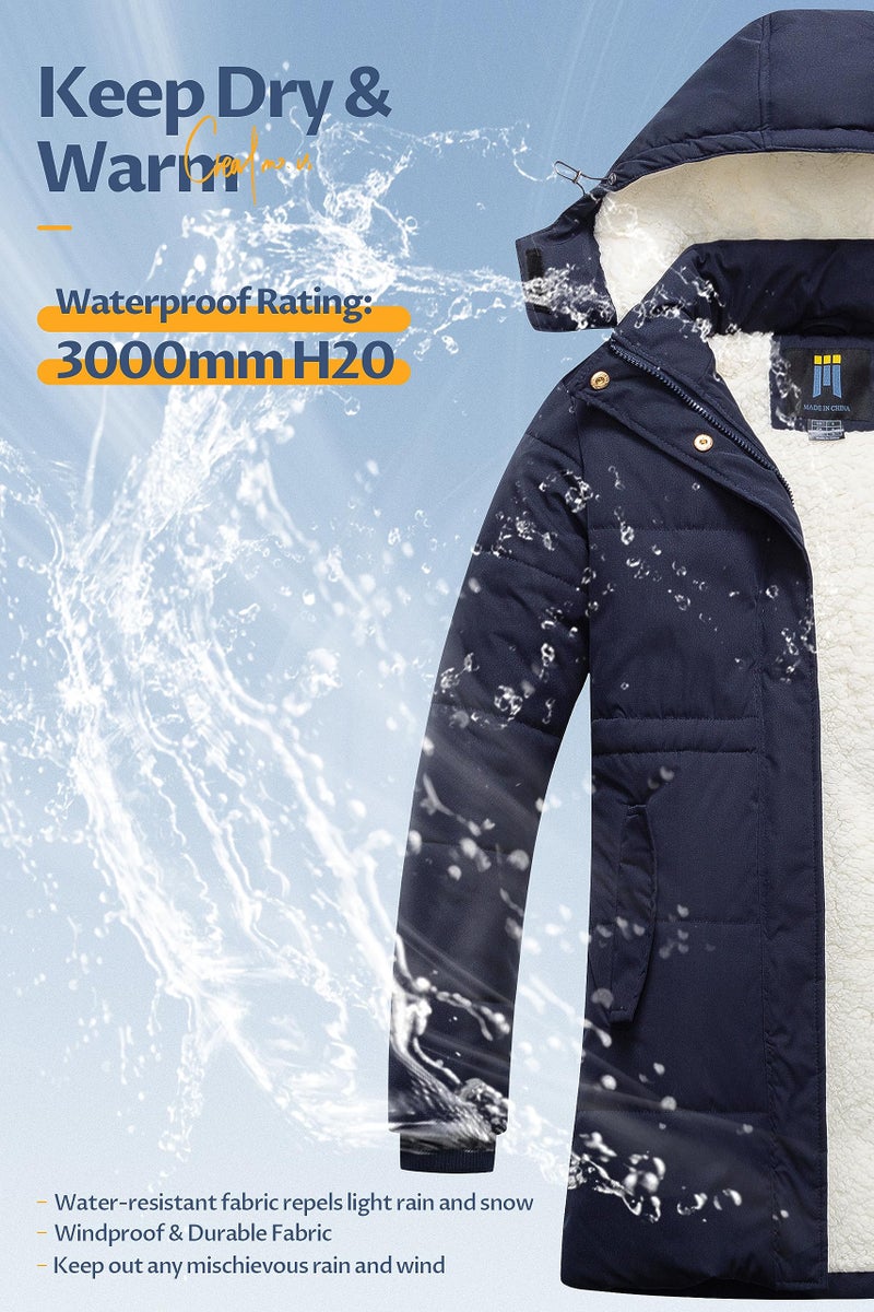 CREATMO US Ladies Casual Winter Coats Hip Mid-Length Teen Puffy Jacket Big Detachable Hood Coat Navy Blue 2XL - Image 4