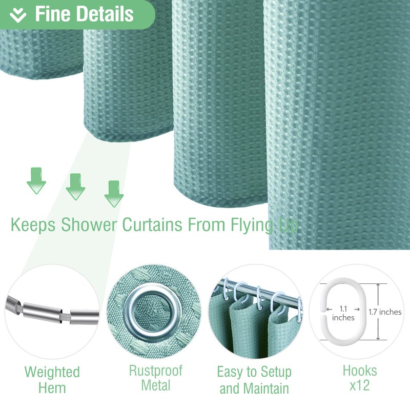 Dynamene Teal Fabric Shower Curtain for Bathroom - Waffle Weave Heavy Duty Cloth   256GSM Hotel Luxury Weighted Polyester Bath Curtain Set with 12 Plastic Hooks 72x72  Teal/Turquoise - Image 4