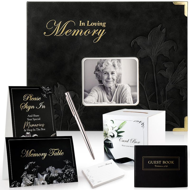 molekaus Embossed Funeral Guest Book for Memorial Service Celebration of Life Guest Book Set for Funeral Sign in with 8X10in50 Memory Cards2 Table Signs a Card Box and a Silver Pen