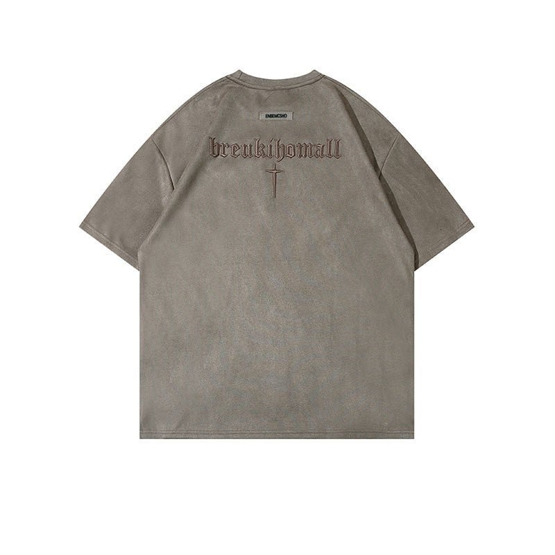 Vintage Trendy Brand Retro Letter Embroidered Buckskin Short-Sleeved T-Shirt Men'S American Hiphop Loose Half-Sleeved T-Shirt - Image 2