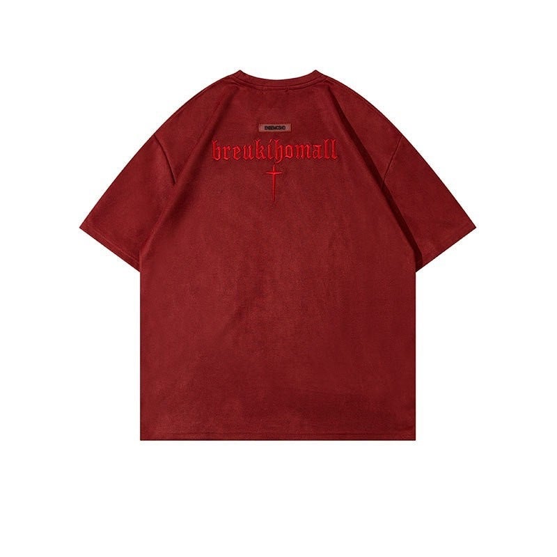 Vintage Trendy Brand Retro Letter Embroidered Buckskin Short-Sleeved T-Shirt Men'S American Hiphop Loose Half-Sleeved T-Shirt - Image 4