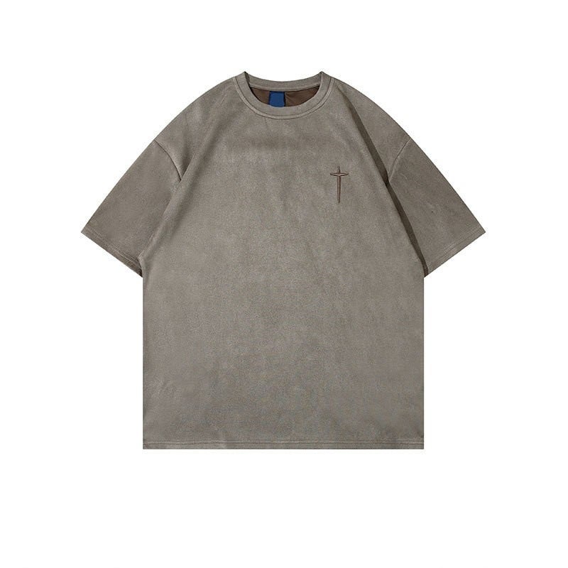 Vintage Trendy Brand Retro Letter Embroidered Buckskin Short-Sleeved T-Shirt Men'S American Hiphop Loose Half-Sleeved T-Shirt - Image 3