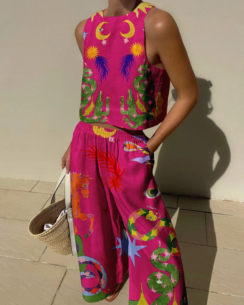 2023 New Sleeveless Top  Long Pants Set, Cotton Linen Printed Casual Outfit Rose Red 