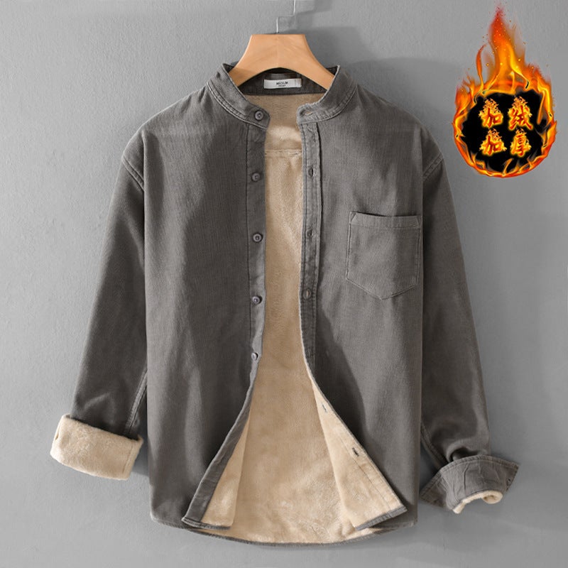 Winter corduroy fleece-lined thickened mens thermal shirt mens long sleeve handsome youth solid color shirt jacket 9433 Lake Blue - Image 2