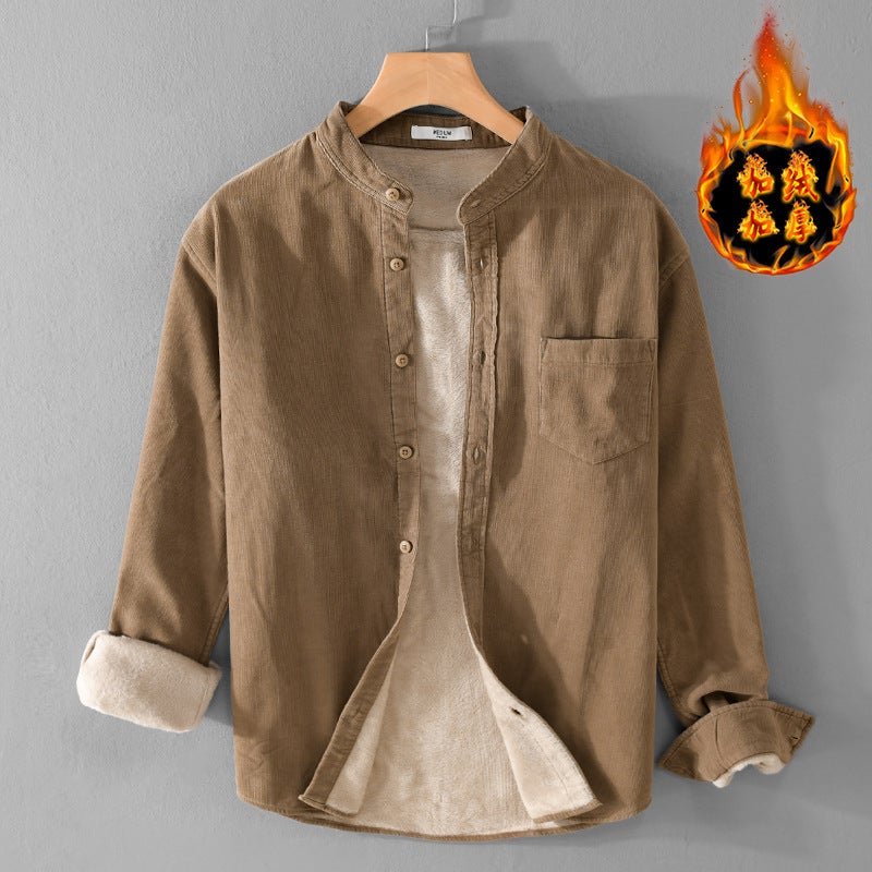 Winter corduroy fleece-lined thickened mens thermal shirt mens long sleeve handsome youth solid color shirt jacket 9433 Lake Blue - Image 5